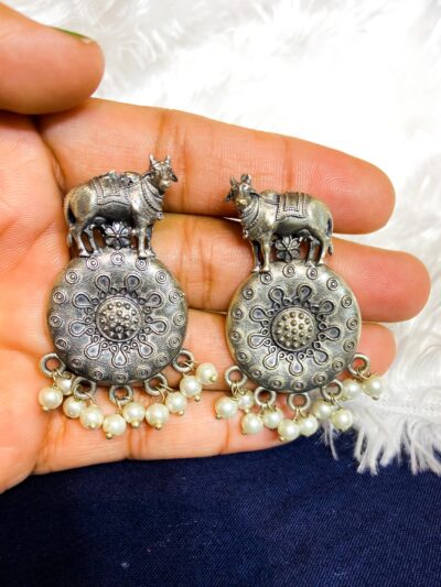 Brass Earring Cow and coin with white pearls