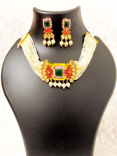 Kundan and pearl golden chokar with Stone (Green)