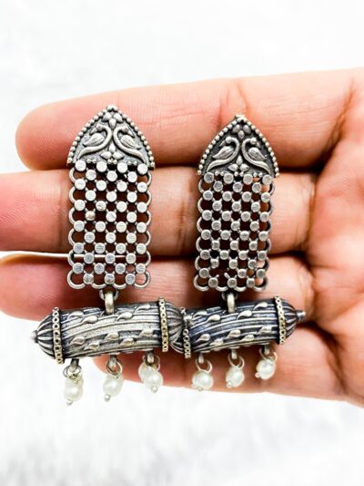 Brass Earring Long Jhalar with white pearls