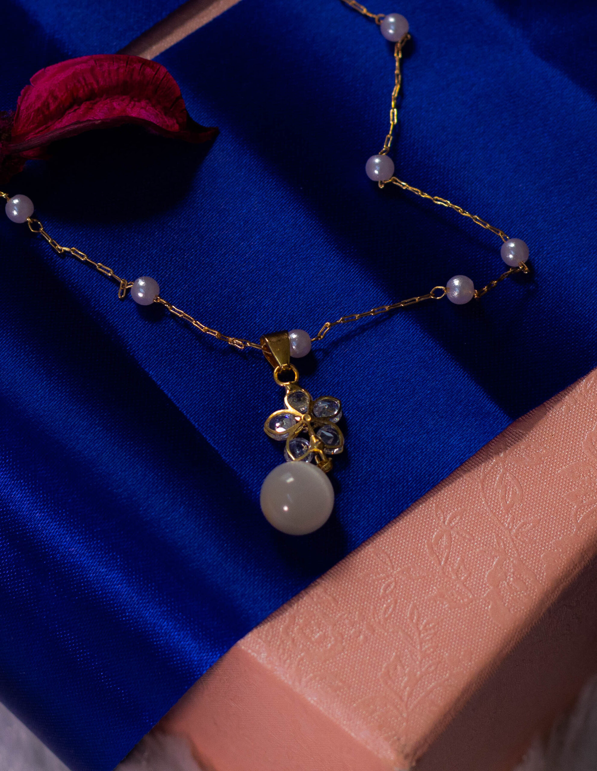 Floral Pendant Necklace with Pearl and Crystal Accents