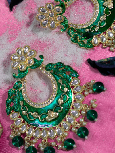 Green Enamel & Kundan Jhumka Earrings