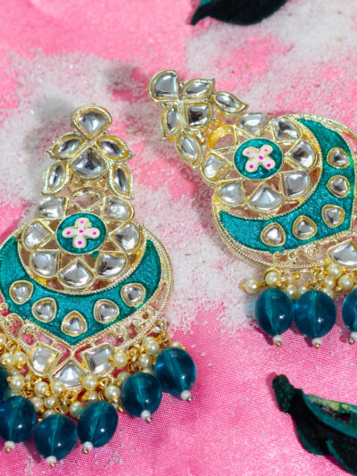 Teal Enamel & Kundan Chandbali Earrings