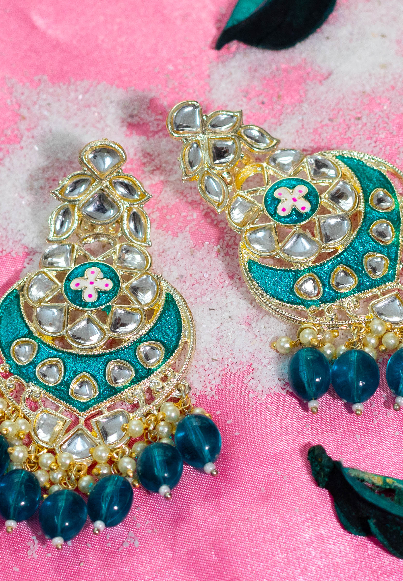 Teal Enamel & Kundan Chandbali Earrings