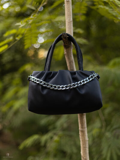 Black Ruched Handbag with Silver Chain