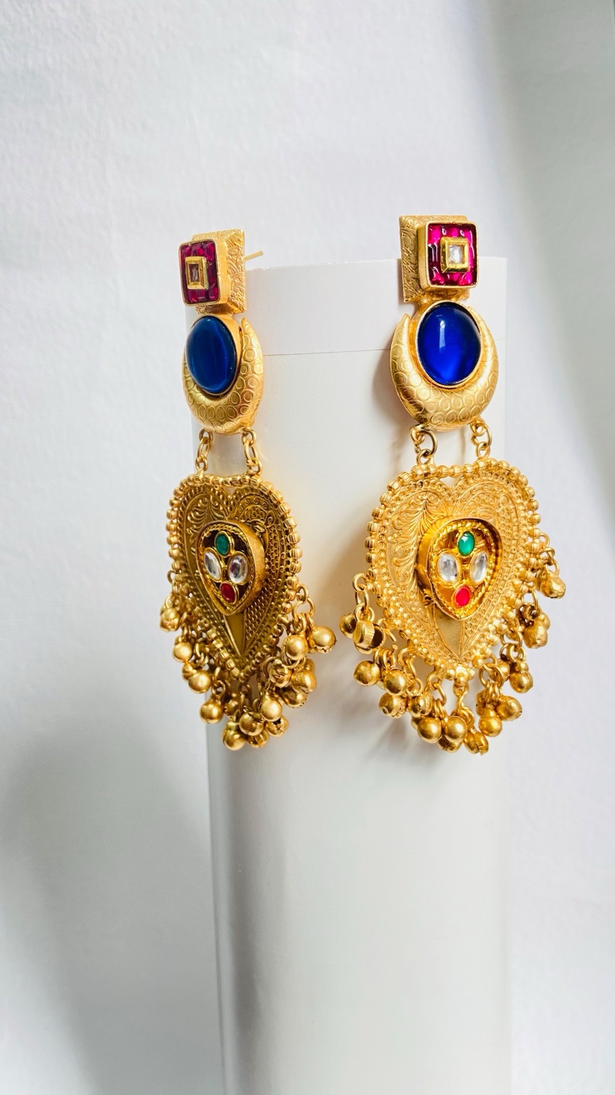 Gold-Plated Jhumka Earrings with Kundan & semi-precious gemstones in red, green, and white - Image 3