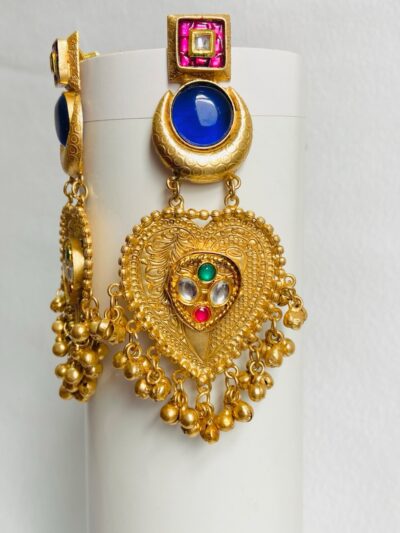 Gold-Plated Jhumka Earrings with Kundan & semi-precious gemstones in red, green, and white