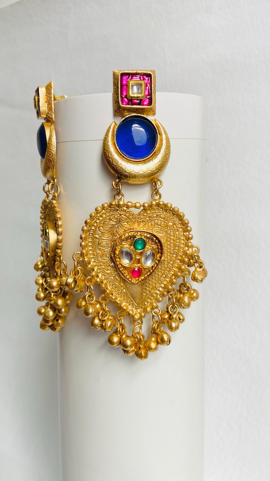 Gold-Plated Jhumka Earrings with Kundan & semi-precious gemstones in red, green, and white