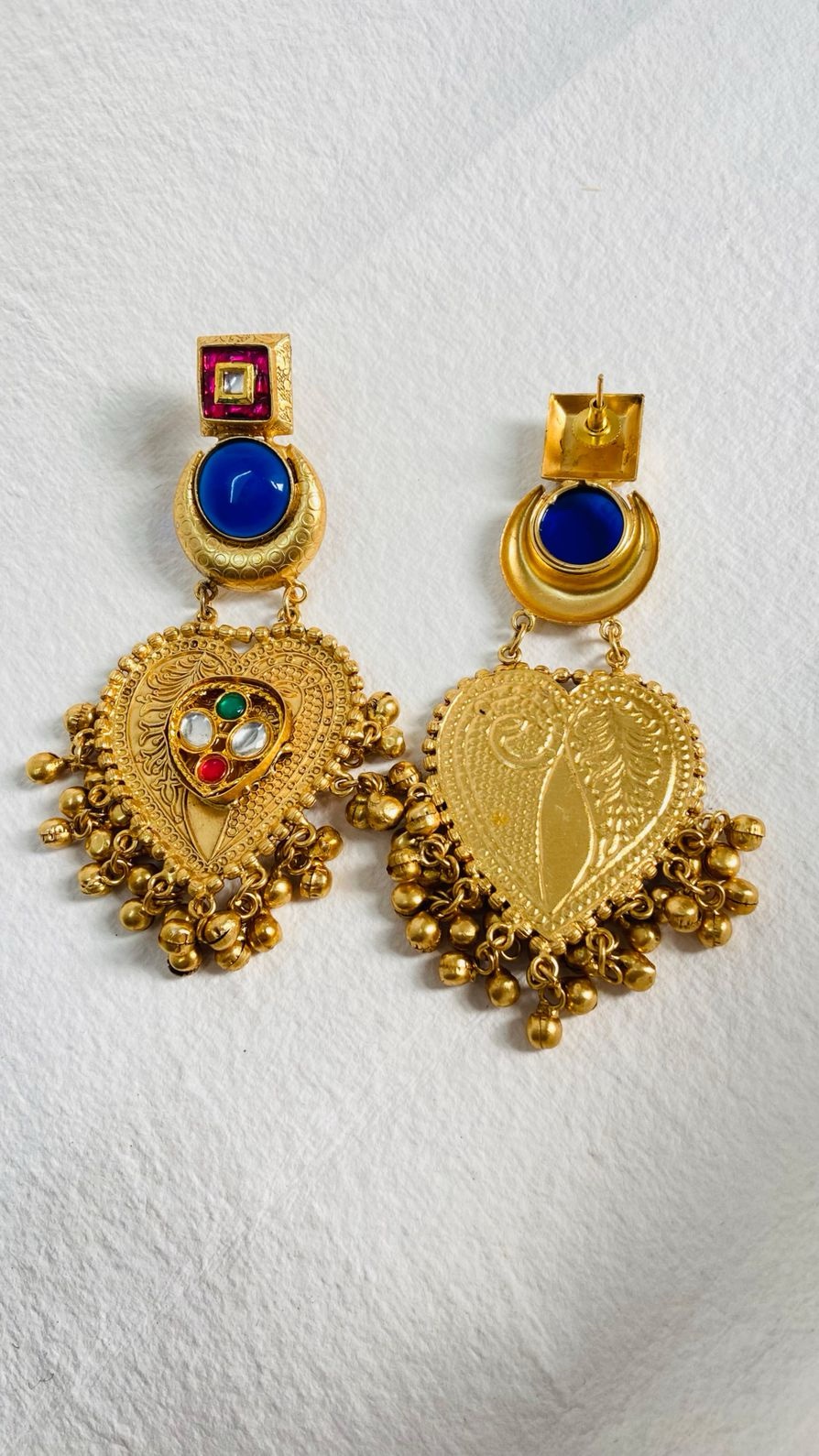 Gold-Plated Jhumka Earrings with Kundan & semi-precious gemstones in red, green, and white - Image 4