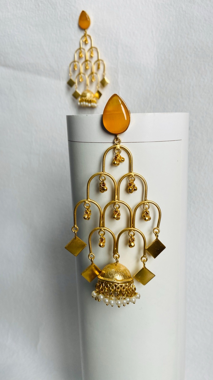 Elegant gold-plated statement earrings with cascading details for a bold traditional look. - Image 3