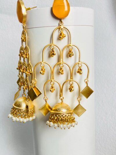 Elegant gold-plated statement earrings with cascading details for a bold traditional look.