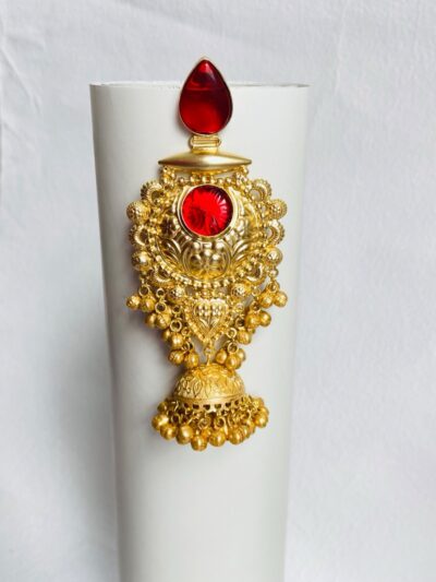 Timeless gold-plated red jhumka earrings with intricate detailing and a regal touch.