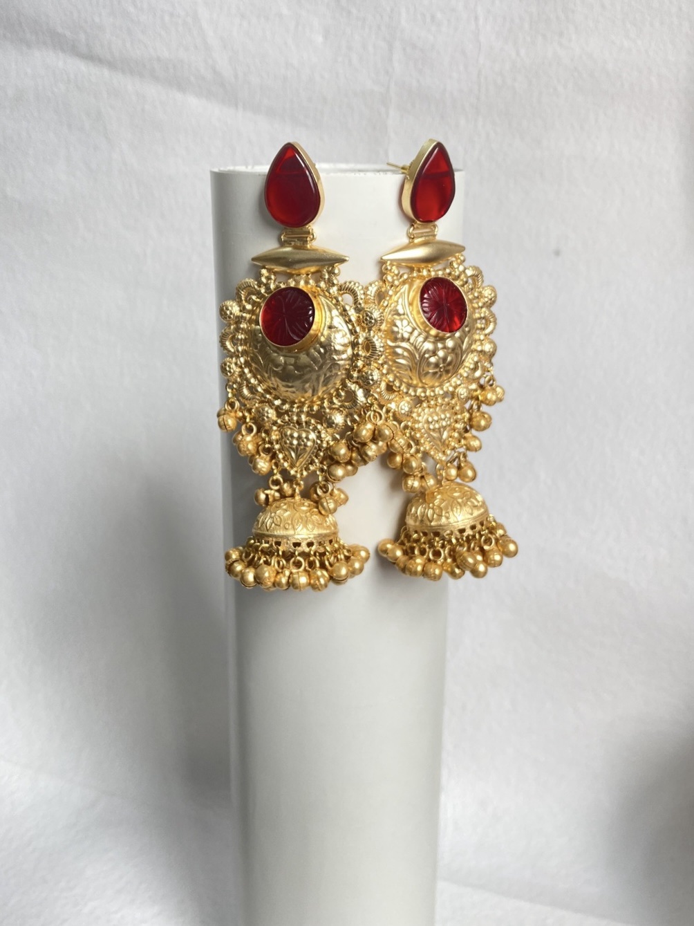 Timeless gold-plated red jhumka earrings with intricate detailing and a regal touch. - Image 5